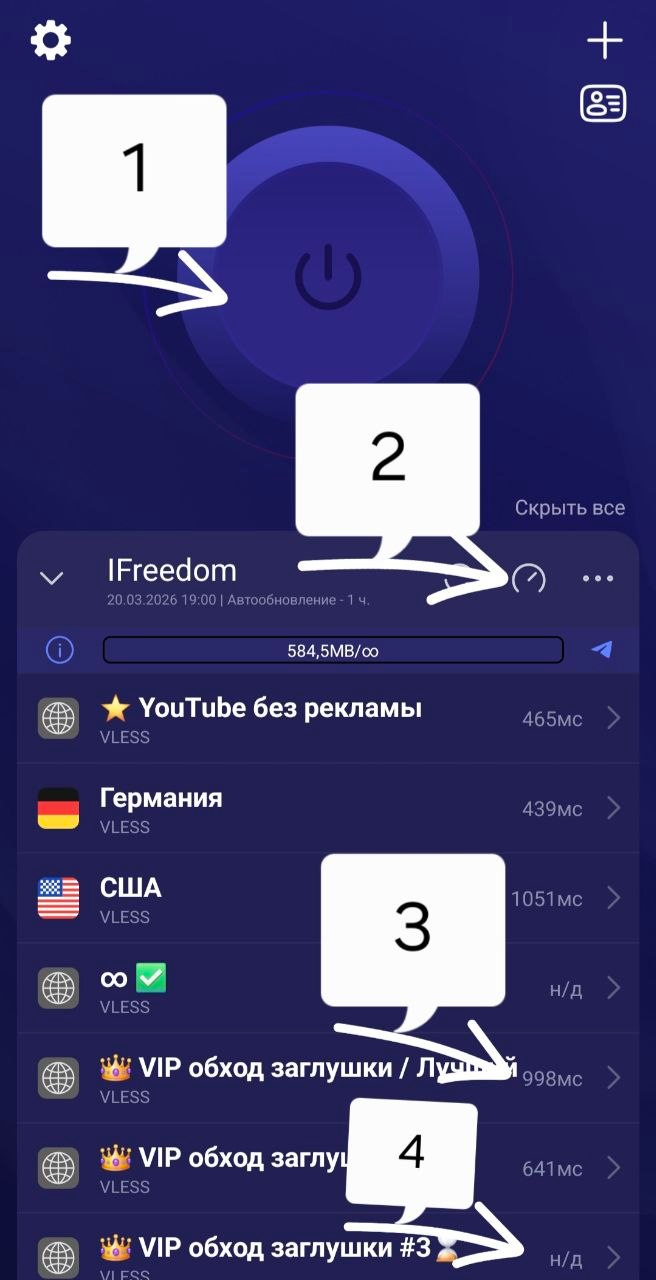 Скриншот приложения Happ с пометками: кнопка подключения, проверка пинга, выбор сервера и пометка Н/Д.